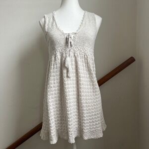 Y2K Crochet Babydoll Top Off White Cotton Pointelle Knit Boho Empire Waist Tie